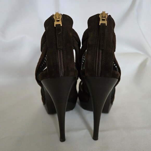 Fendi Sandalo Camoscio Rete Nylon Suede Mesh Heels Brown SZ 36.5 (6.5) - Picture 9 of 14